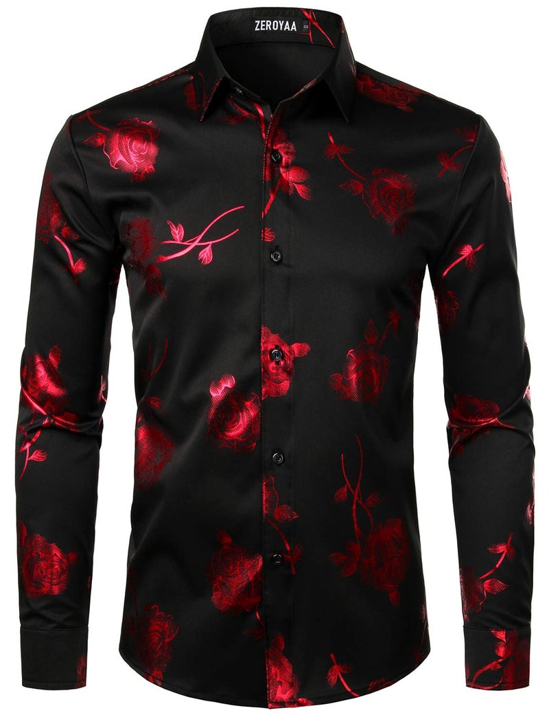 ZEROYAA Mens Hipster 3D Rose Deign Slim Fit Long Sleeve Button Up Dress Shirts ZZCL22 Black Red Medium - Image 1